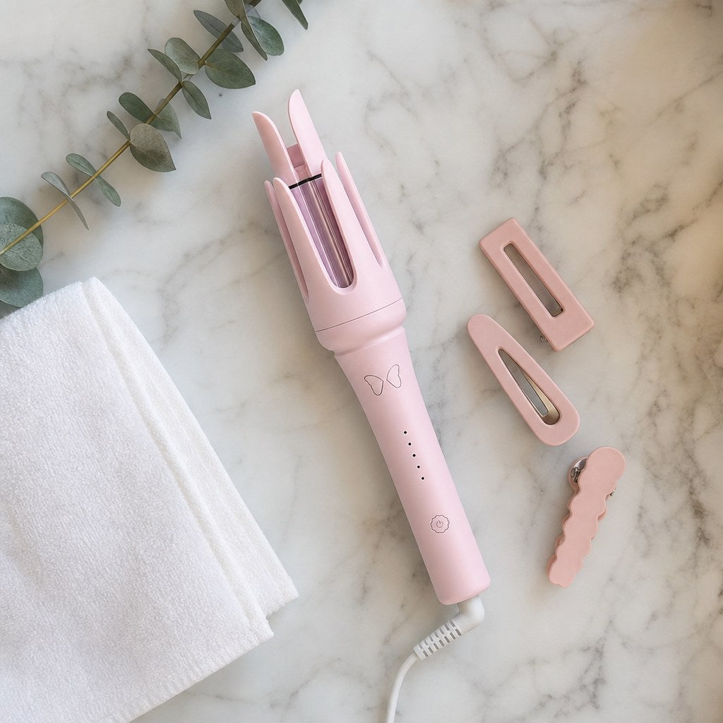 The curler with three hair clips on a vanity (illustration)