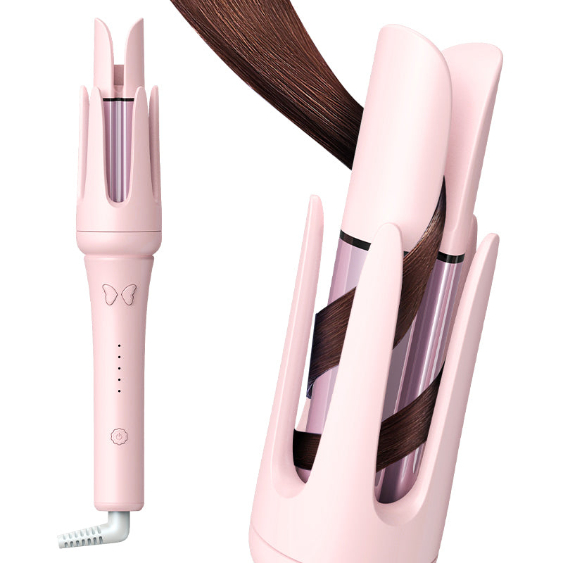 A strand of hair wound around the curler's ceramic barrel